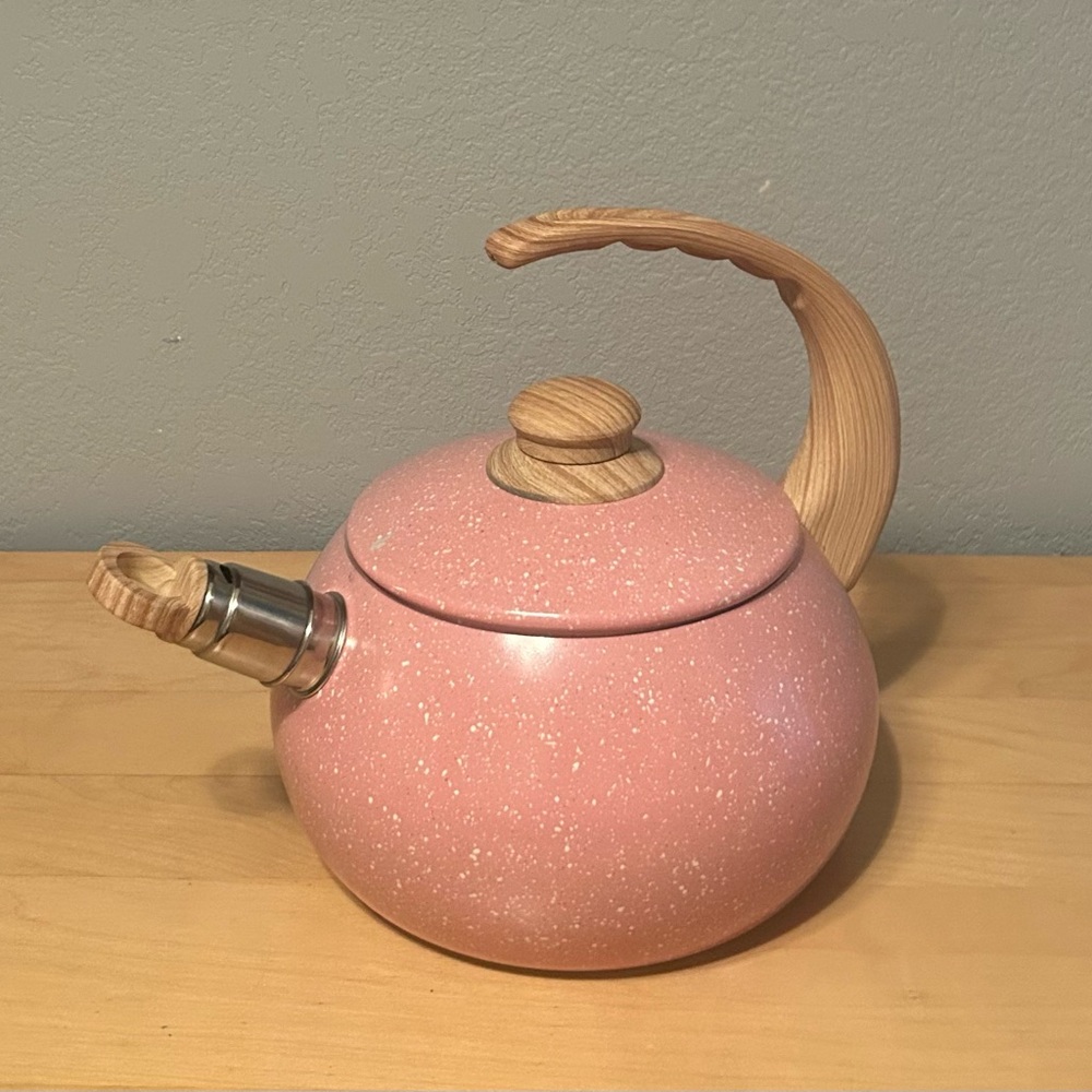Ceramic Marble Pink Speckled Teapot with Wooden Handle